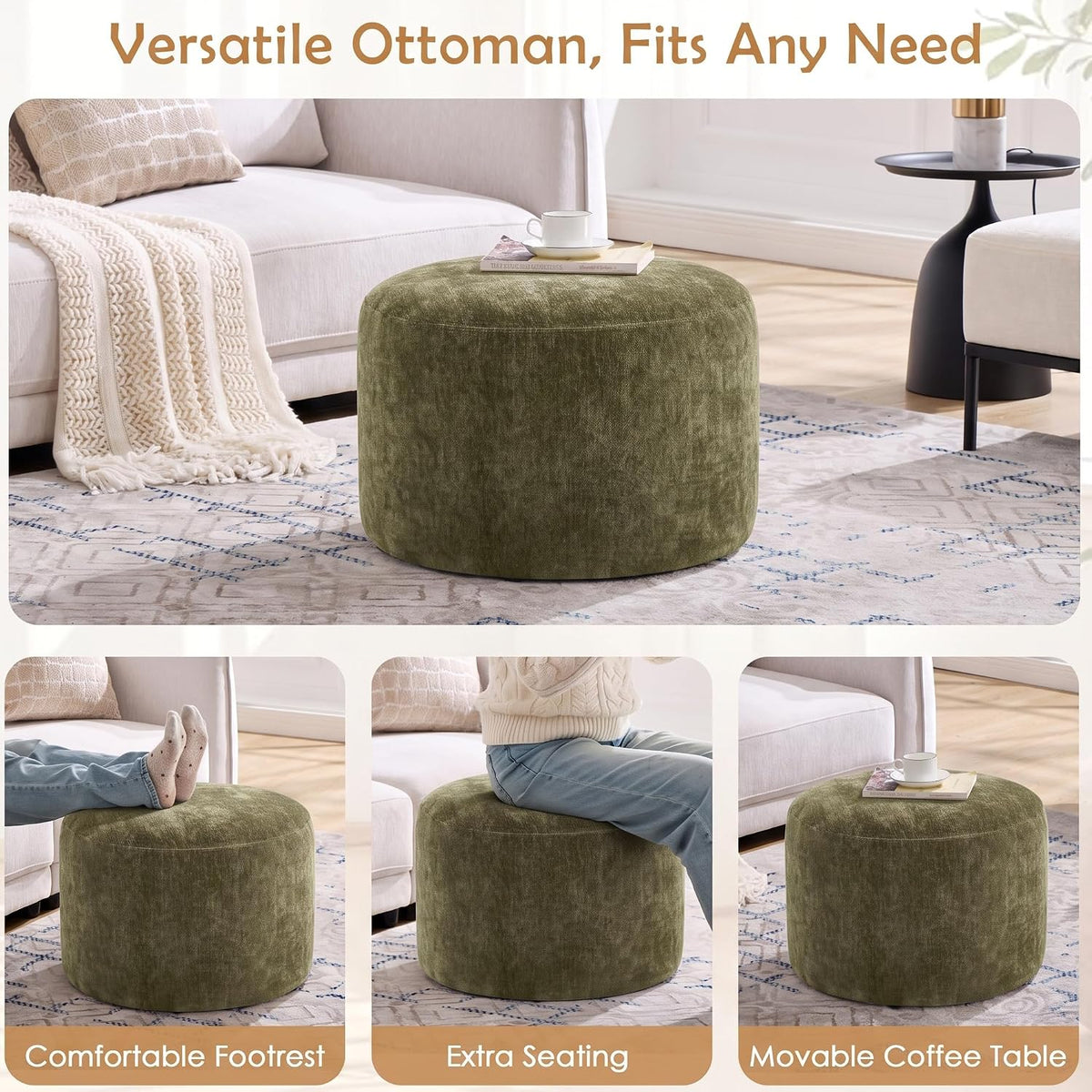 Upholstered Round Green Pouf Ottoman Set of 2, Modern Footstools | Chenille Footrest with Soft Padded Seat & Wood Frame, Sage Green Ottoman, Accent Vanity Stool for Living Room and Bedroom