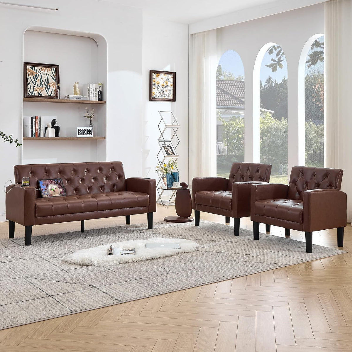 62'' Leather Loveseat Sofa Set with Chairs, 3-Piece Living Room Furniture | Leather Sofa and Chair Set, Loveseat Couch with 2 USB Ports and Cupholders, Comfy Furniture for Apartment Office, Brown