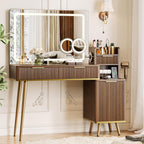 iPormis Makeup Vanity Desk with HD & 5X Magnifying Mirror and Lights, 47'' Make up Vanity, Fluted Glass Top Dressing Table w/Power Outlets, Adjustable Storage, Dark Brown
