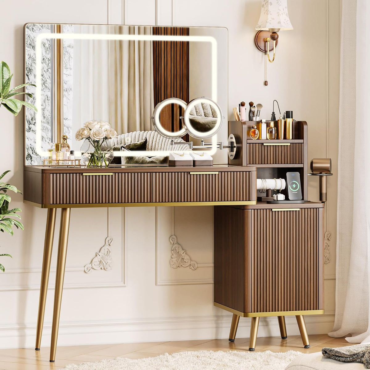 iPormis Makeup Vanity Desk with HD & 5X Magnifying Mirror and Lights, 47'' Make up Vanity, Fluted Glass Top Dressing Table w/Power Outlets, Adjustable Storage, Dark Brown