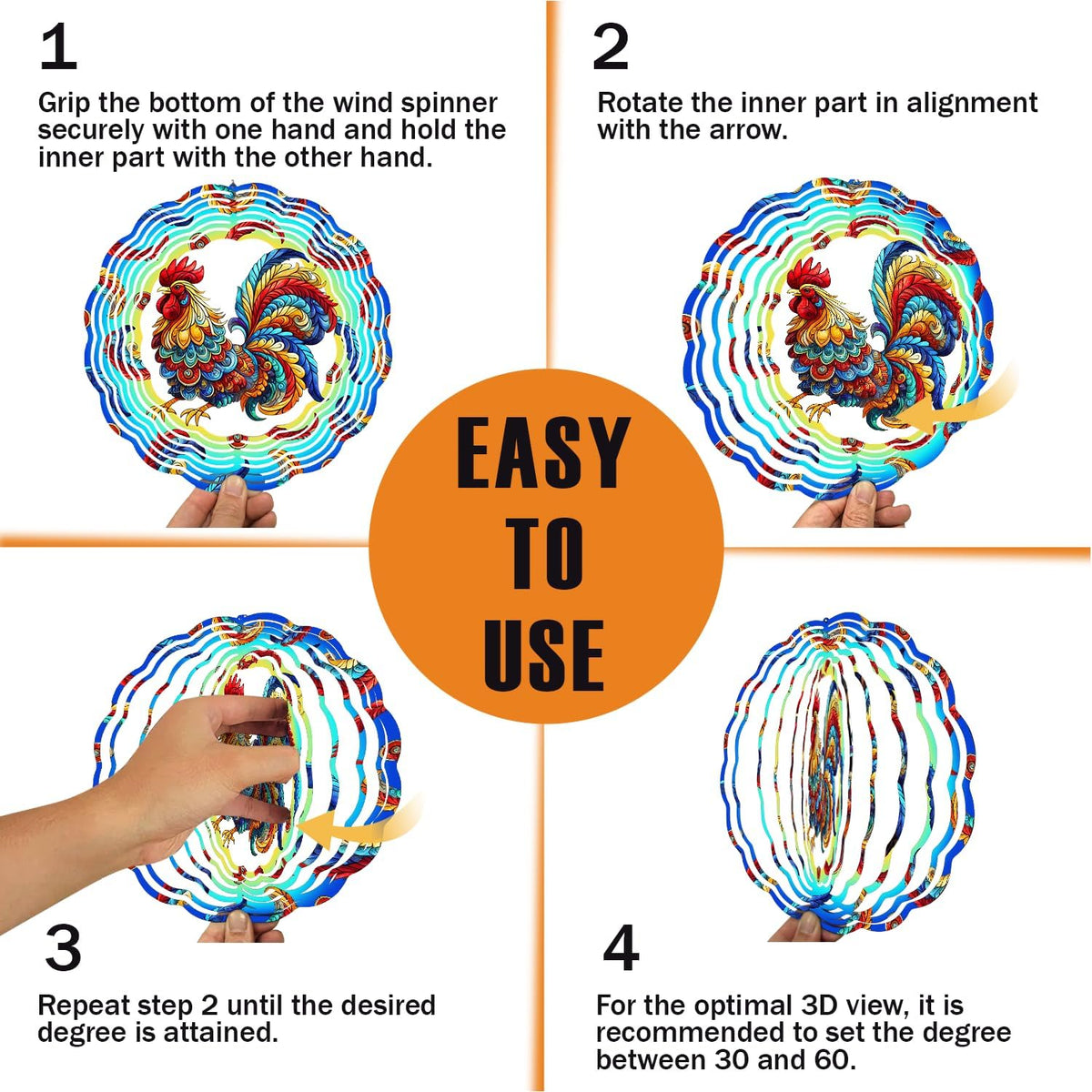 Rooster Wind Spinner, 3D Hanging Stainless Steel Garden Spinner, Wind Spinner Hanging for Outdoor & Indoor Décor, Unique Gifts for Yard Garden Decoration or Patio Décor (Rooster)