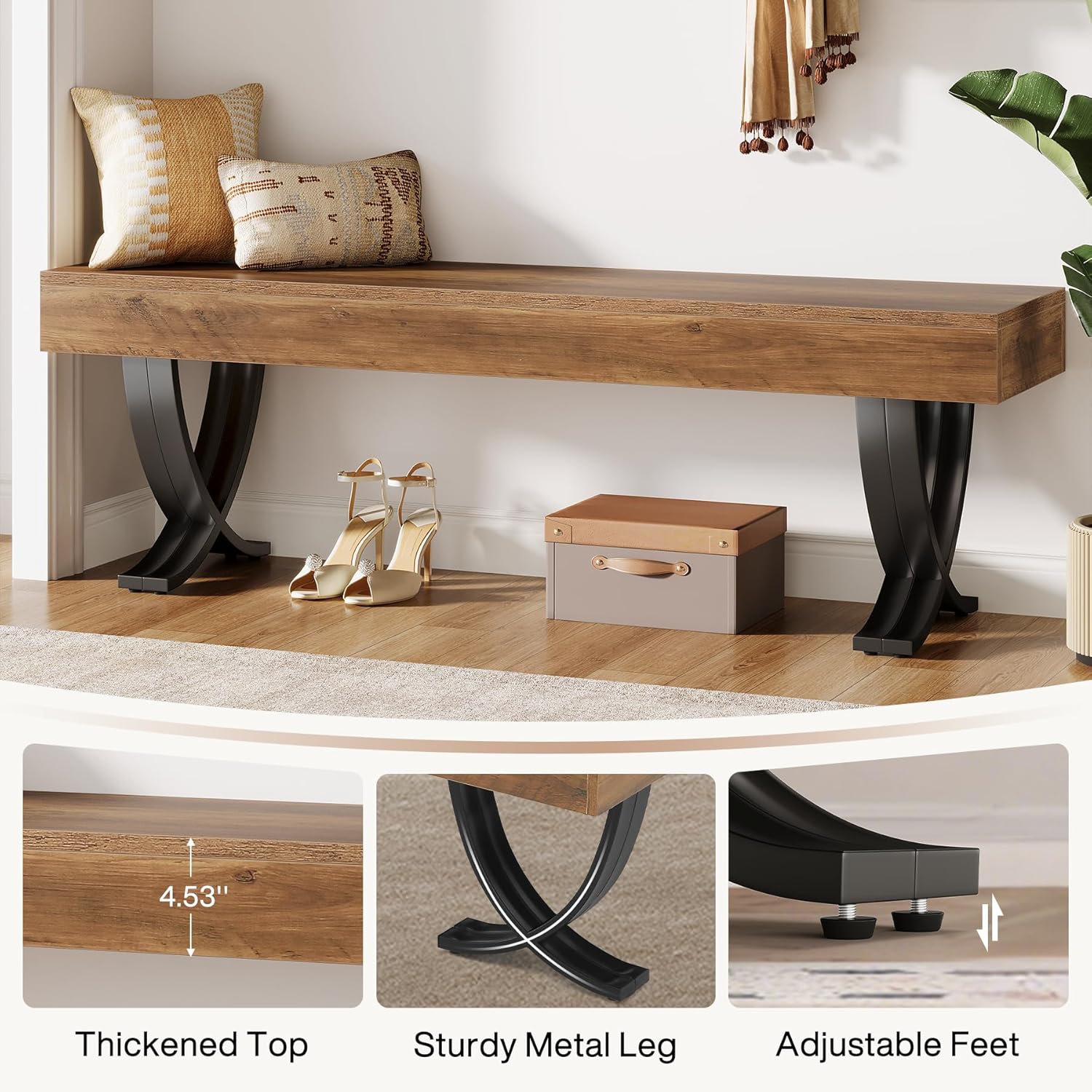 Tribesigns Entryway Shoe Bench, 55-Inch Wooden Shoe Bench with Metal X-Shaped Legs, Industrial Long End of Bed Stool with Seating for Bedroom, Living Room, Hallway, Porch