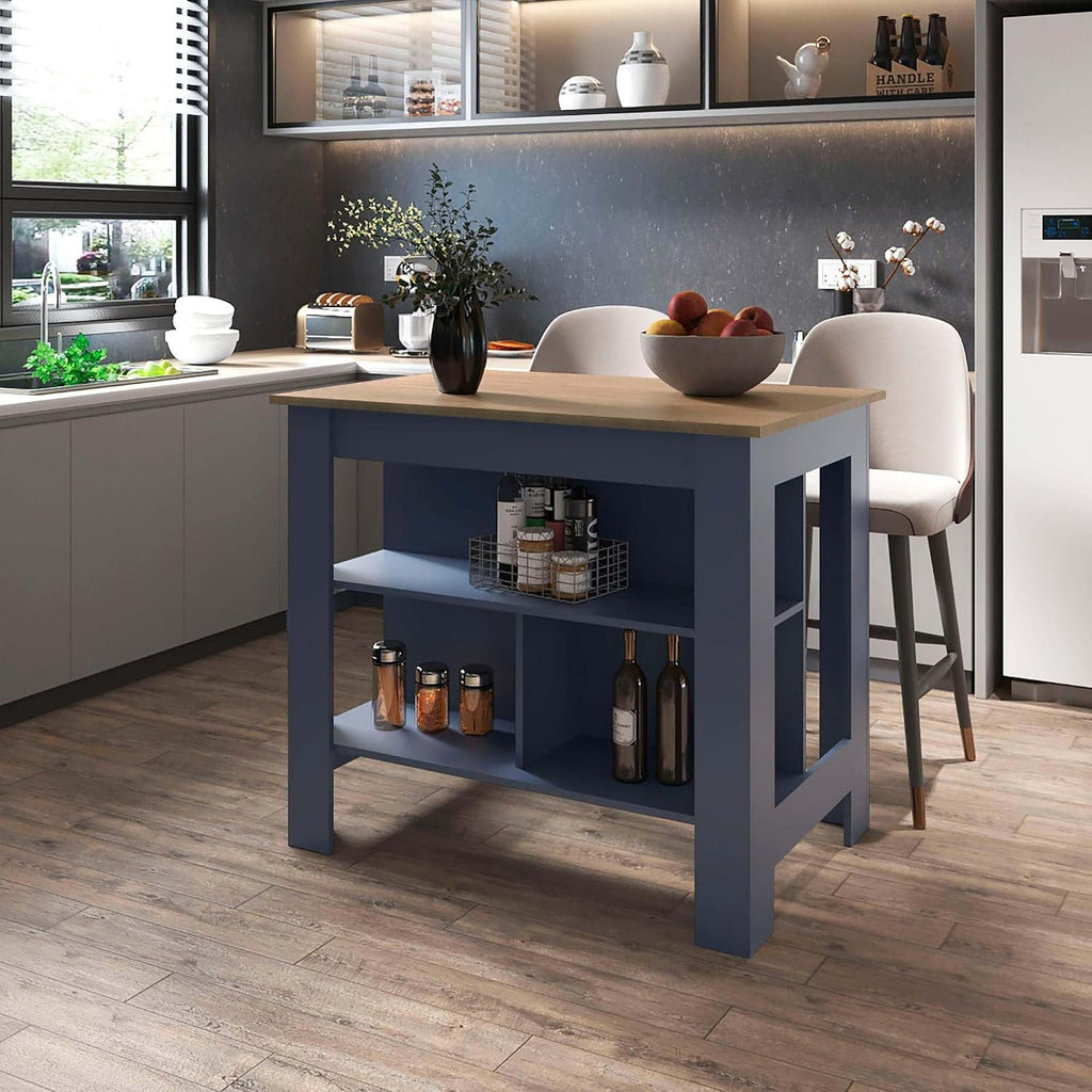 Ash and Blue Kitchen Island with Open Shelf, Particle Board | Two-tone finish with open shelves for organized storage