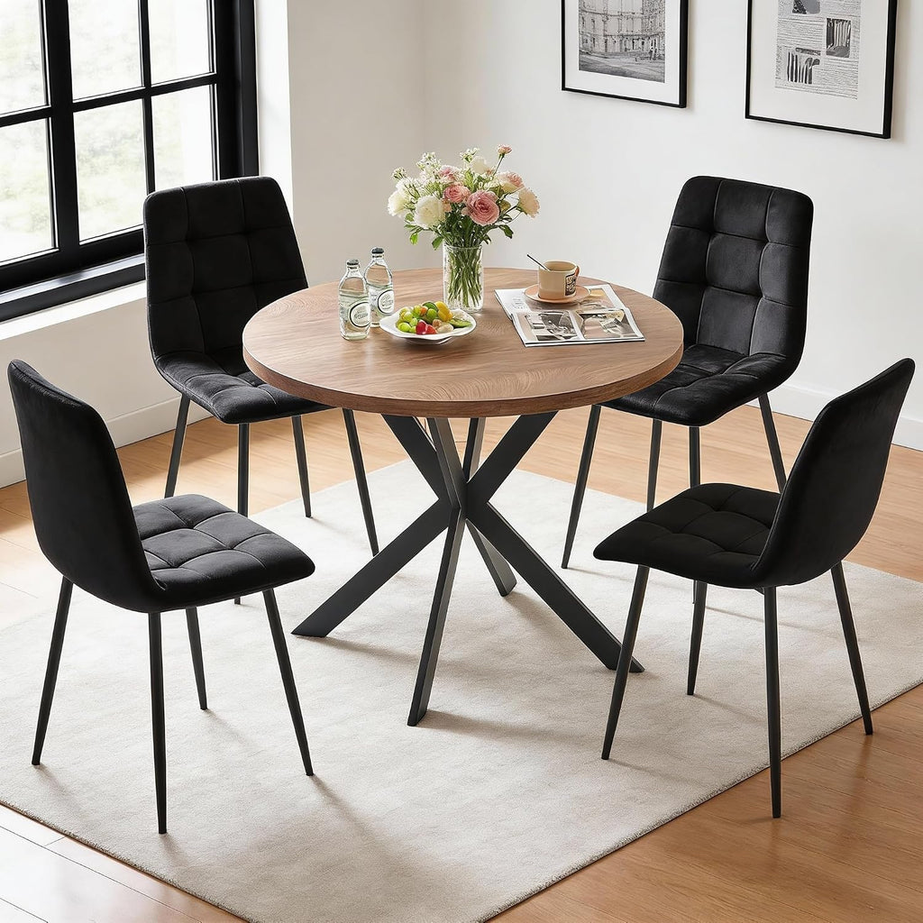 5-Piece Round Dining Table Set - Kitchen Table Chairs Set of 4 with Black Velvet Upholstered Chairs -Dining Table Set for 4