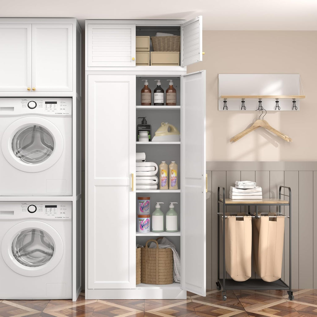 SteeLoong 86“ Kitchen Pantry Cabinet,Metal Storage Cabinets with Doors and 4 Adjustable Shelves,White Kitchen Cabinet with 4 Gold Handles,Tall Cabinet for Livingroom,Pantry, Bathroom