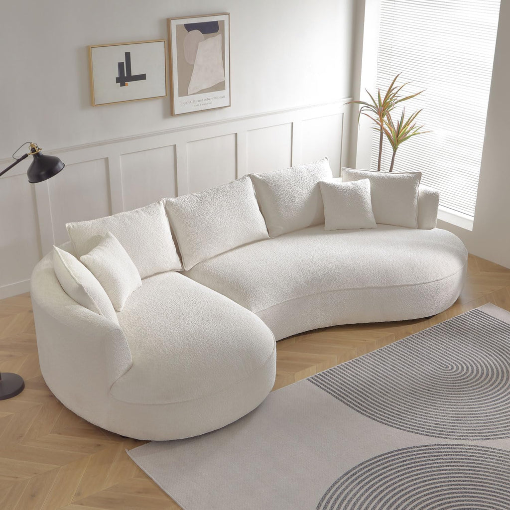 WILLIAMSPACE 124.8" Boucle Curved Sofa Couch, Modern Upholstery Cloud Sofa with Pillows, Left Hand Facing Sectional Boucle Fabric Couch for Living Room (Left-Facing,Light Cream)