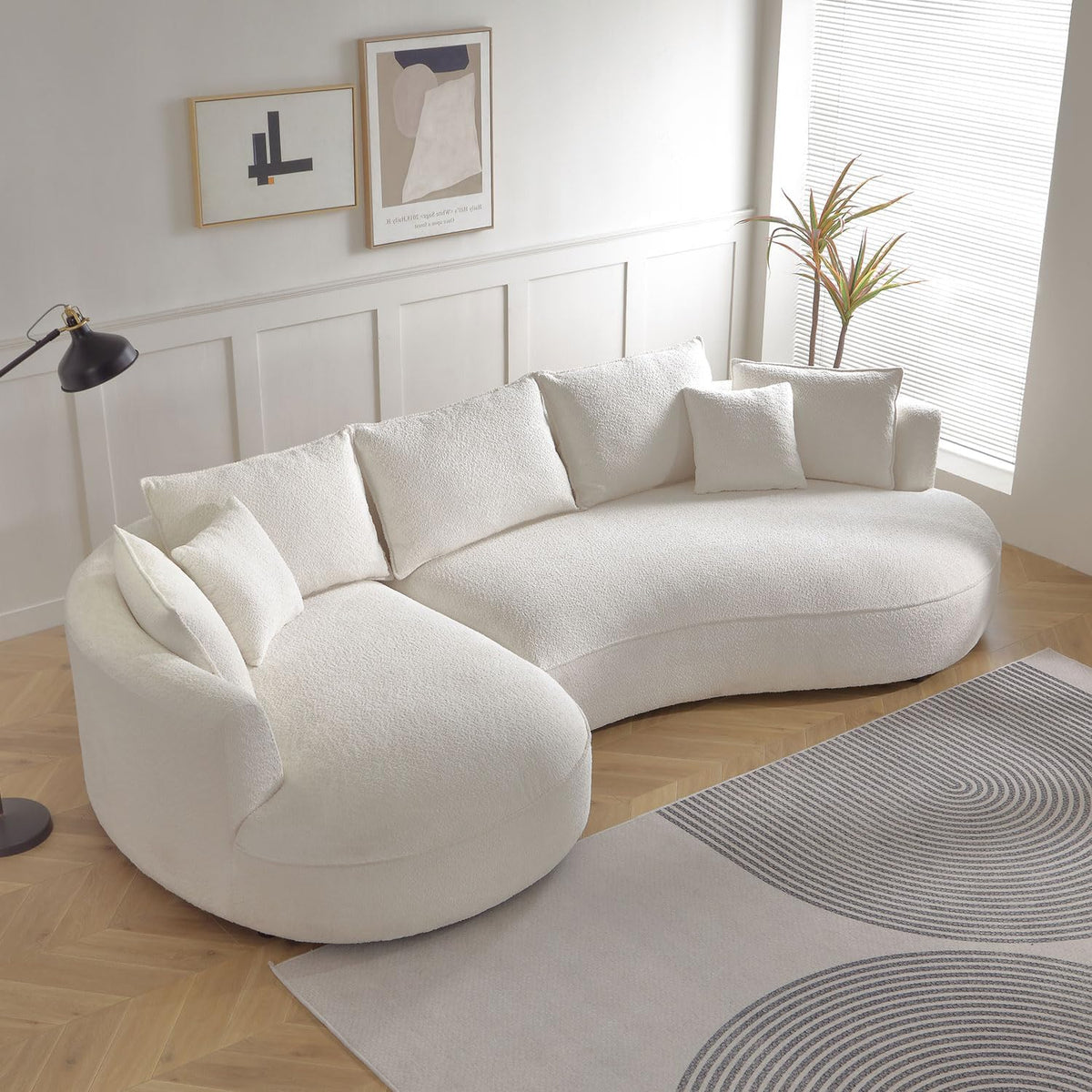 WILLIAMSPACE 124.8" Boucle Curved Sofa Couch, Modern Upholstery Cloud Sofa with Pillows, Left Hand Facing Sectional Boucle Fabric Couch for Living Room (Left-Facing,Light Cream)