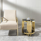 Gold Black End Table with Golden Stainless Steel Frame,Modern Glass Bedside Nightstand Table,Glass Cocktail Small Living Room Coffee Table