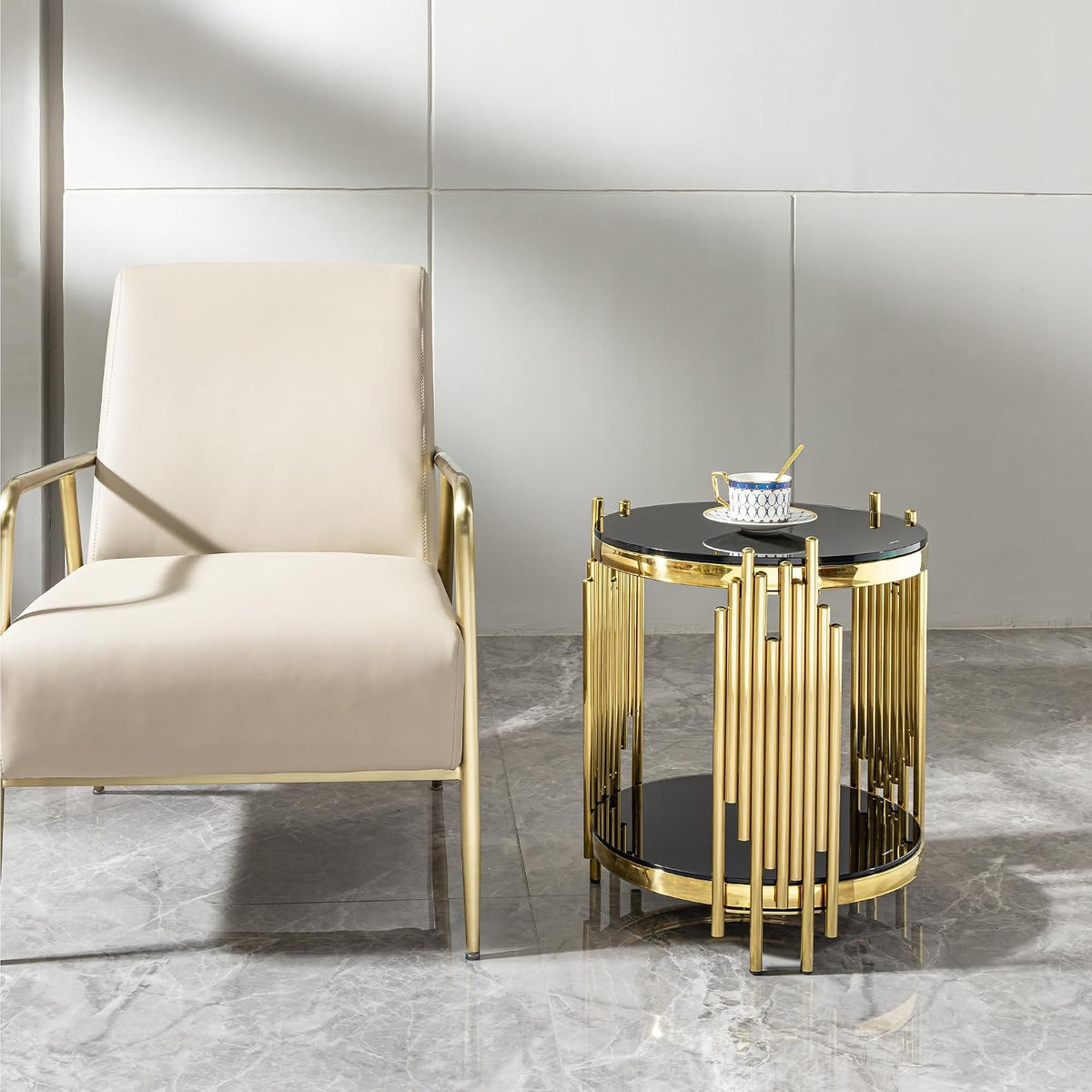 Gold Black End Table with Golden Stainless Steel Frame,Modern Glass Bedside Nightstand Table,Glass Cocktail Small Living Room Coffee Table