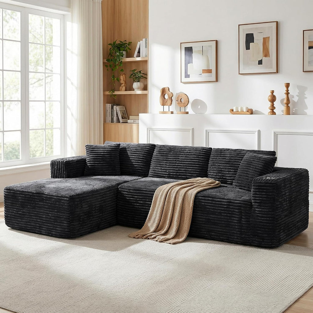 JAMFLY 103" Modular Sectional Sofa for Small Spaces, No Assembly, Black | Pet-Friendly Corduroy, High Back Support, Compact for Apartments, Ready to Use, Deep Seat & Memory Foam