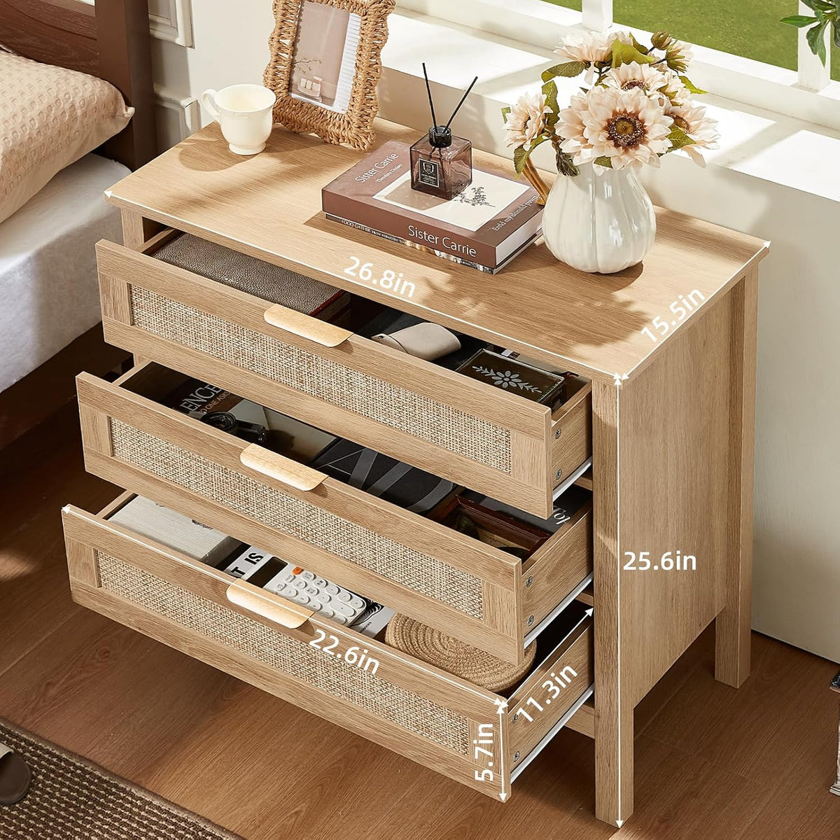 LEYAOYAO 31.5" Wide Rattan Nightstands Set of 2, Large Boho Night Stand | 3 Drawer Bedside Table with Storage, Tall Bed Side End Tables for Bedroom, Living Room, Hallway (Natural)