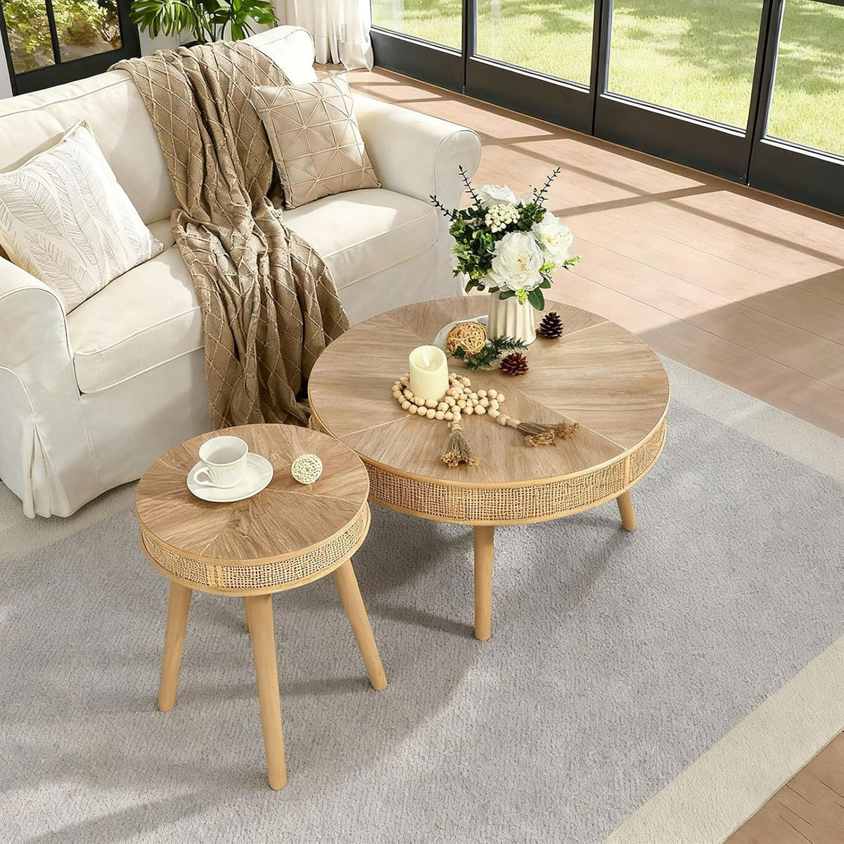RUSTOWN 2-Piece Round Coffee Table Set with Rattan Accent, Soild Wood Leg, Farmhouse Modern Side Tables for Living Room, Boho Decor, Natural Finish