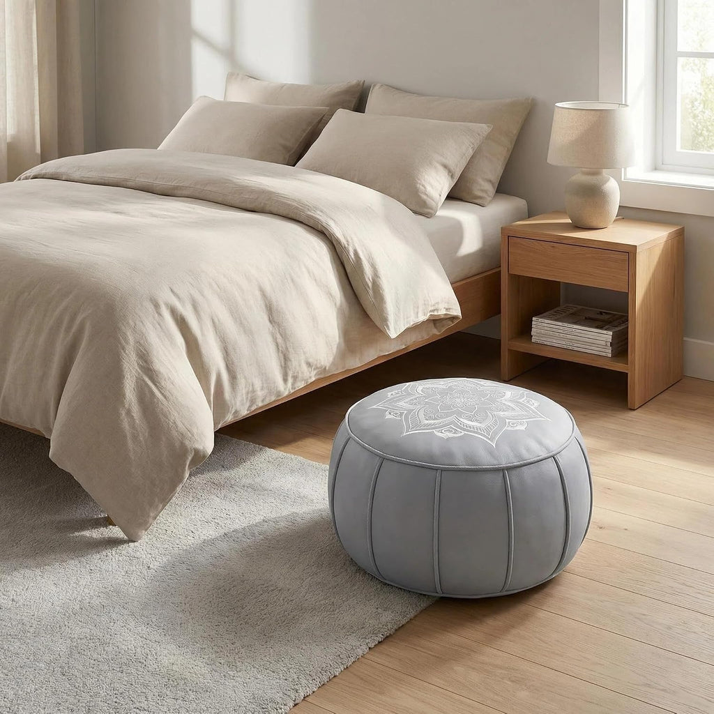 Round Pouf Cover, Premium Leather Ottoman Cover 19in / 48cm, Unstuffed Floor Pouf with Handcrafted Embroidery, Boho Footrest for Living Room, Meditation Cushion, Home Decor (Grey)