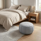 Round Pouf Cover, Premium Leather Ottoman Cover 19in / 48cm, Unstuffed Floor Pouf with Handcrafted Embroidery, Boho Footrest for Living Room, Meditation Cushion, Home Decor (Grey)