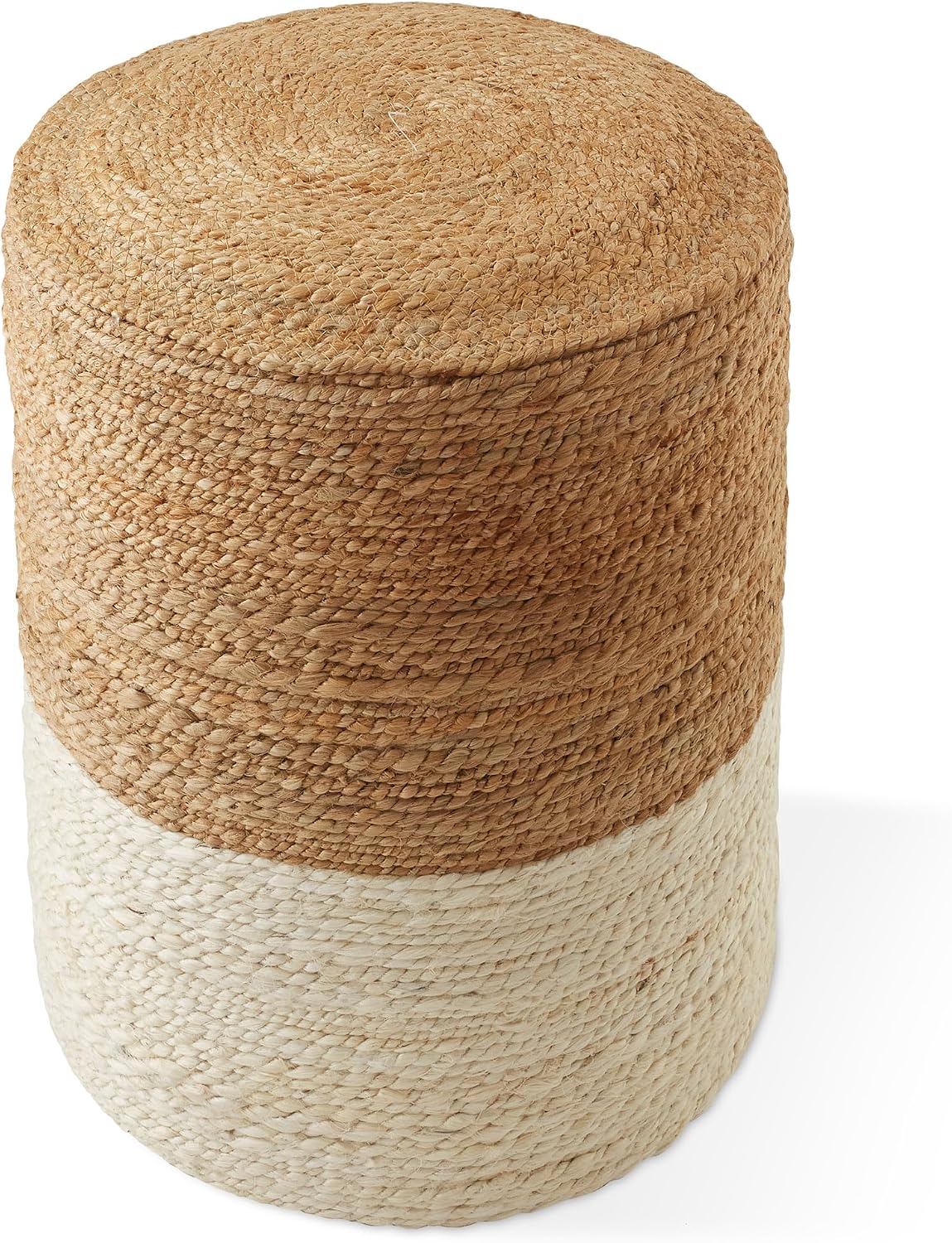 Casafield Hand-Braided Jute Pouf Ottoman Footrest, 14" W x 14" D x 16" H - Round, Natural Boho Home Decor, Woven Accent Footstool for Living Room