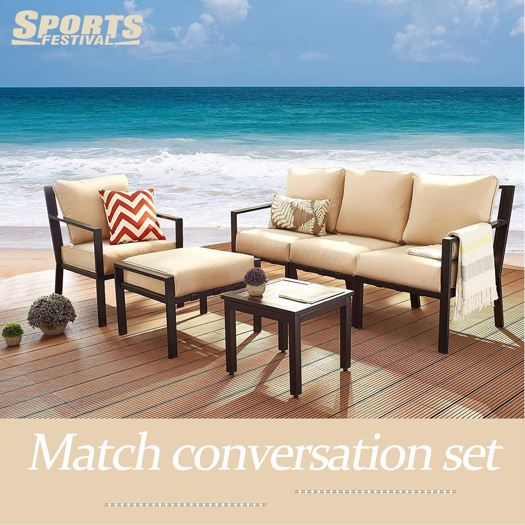 Patio Ottoman Metal Footstool with Soft Thick Cushion Small Seat Outdoor Furniture for Garden Yard Deck, Beige