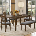 Zevemomo 6-Piece Solid Wood Dining Table Set, Dining Table & Chair Set for 6, Including 1 Dining Table, 4 Upholstered Chairs and 1 Bench, Dining Table Set for Dining Room & Kitchen, Walnut