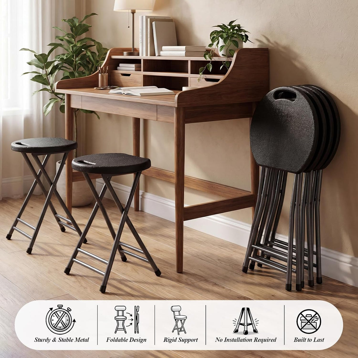 Novabright 6 Pack Portable Folding Stool with Handle, Sturdy Round Collapsible Chair, 18.9 Inch Thickened Steel Frame, Indoor and Outdoor Seating for Adults, Black