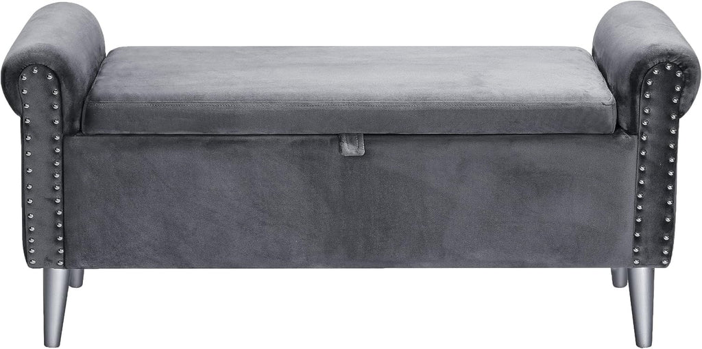 Storage Bench for Bedroom- Grey Velvet Bench with Storage 47" | Featuring Rolled Arms Decorative Nailhead Trim Safety Hinge Large Storage Space for Living Room, Entryway Pet Friendly