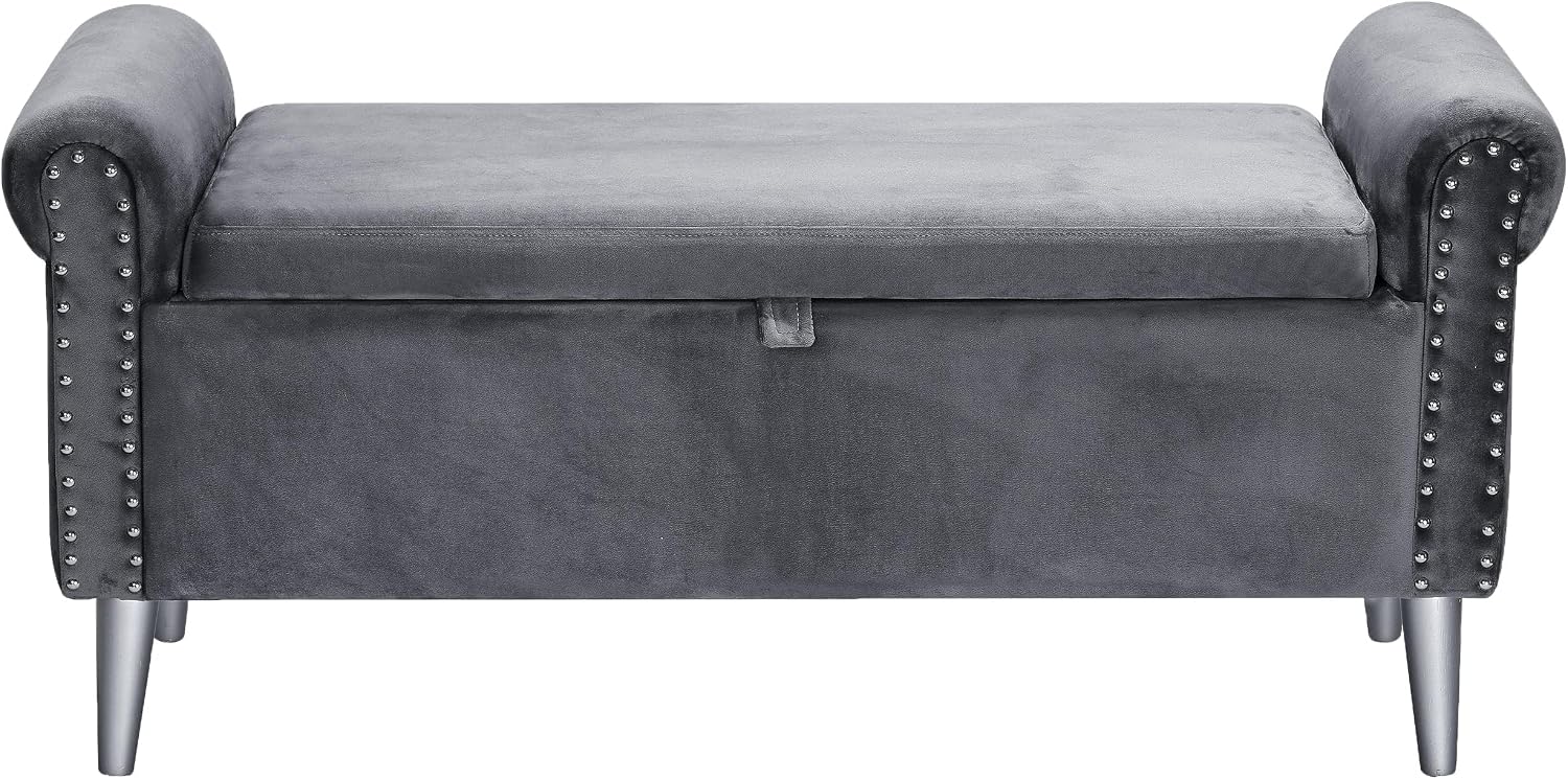 Storage Bench for Bedroom- Grey Velvet Bench with Storage 47" | Featuring Rolled Arms Decorative Nailhead Trim Safety Hinge Large Storage Space for Living Room, Entryway Pet Friendly