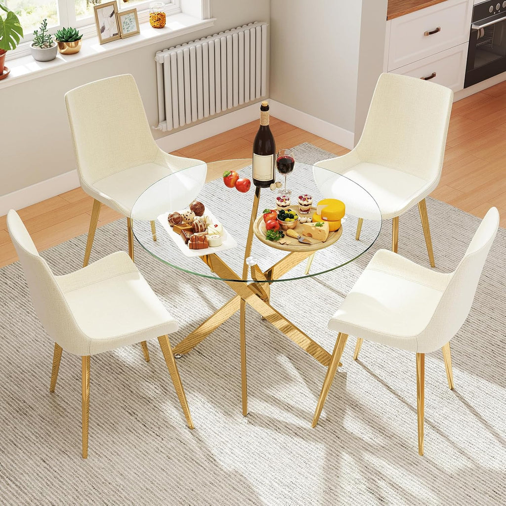 Zevemomo 35.5" Glass Dining Table for 4, Round Coffee Table with Tempered Glass Top Gold Mental Legs, Modern Circle Glass Dinner Kitchen Table for Apartment Home Office