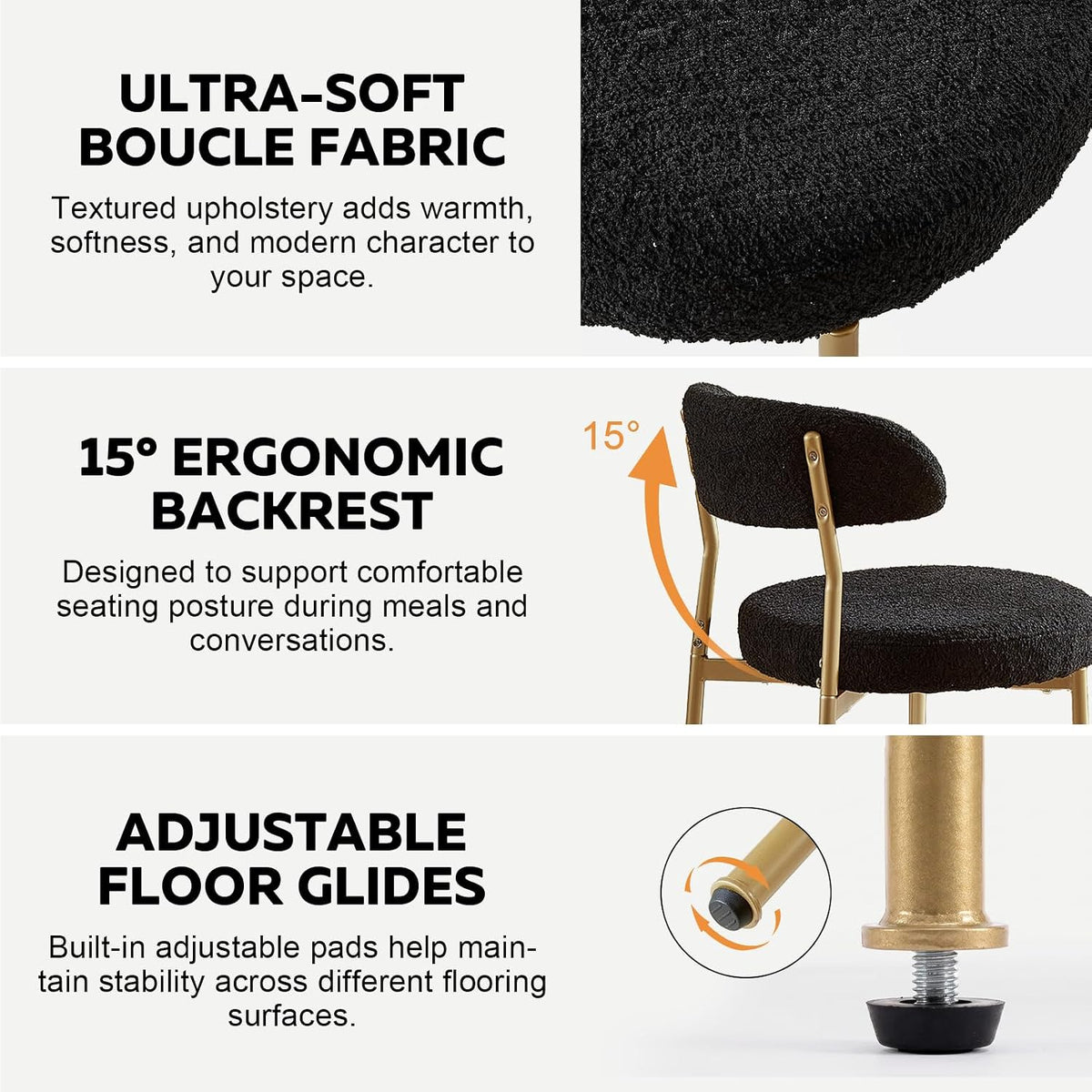 Black Boucle Dining Chair Set of 4, Modern Oval Upholstered Dining Chairs with Curved Back and Metal Leg for Dining Room,Restaurant,Kitchen Island(Gold Leg)