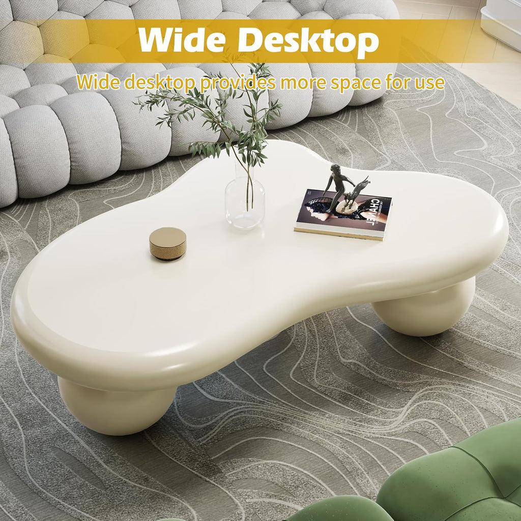 40" Modern White Coffee Table Cloud Shape Low Center Table Cute Irregular Indoor Tea Table with 3 Ball Legs for Living Room Small Space