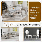 Luxury Marble Dining Table Set for 6 People, 70" Double O-Shaped Faux Marble Kitchen Table with 6 Round PU Leather Chairs, for Kitchen, Dining Room (1 White Table + 6 White Chairs)