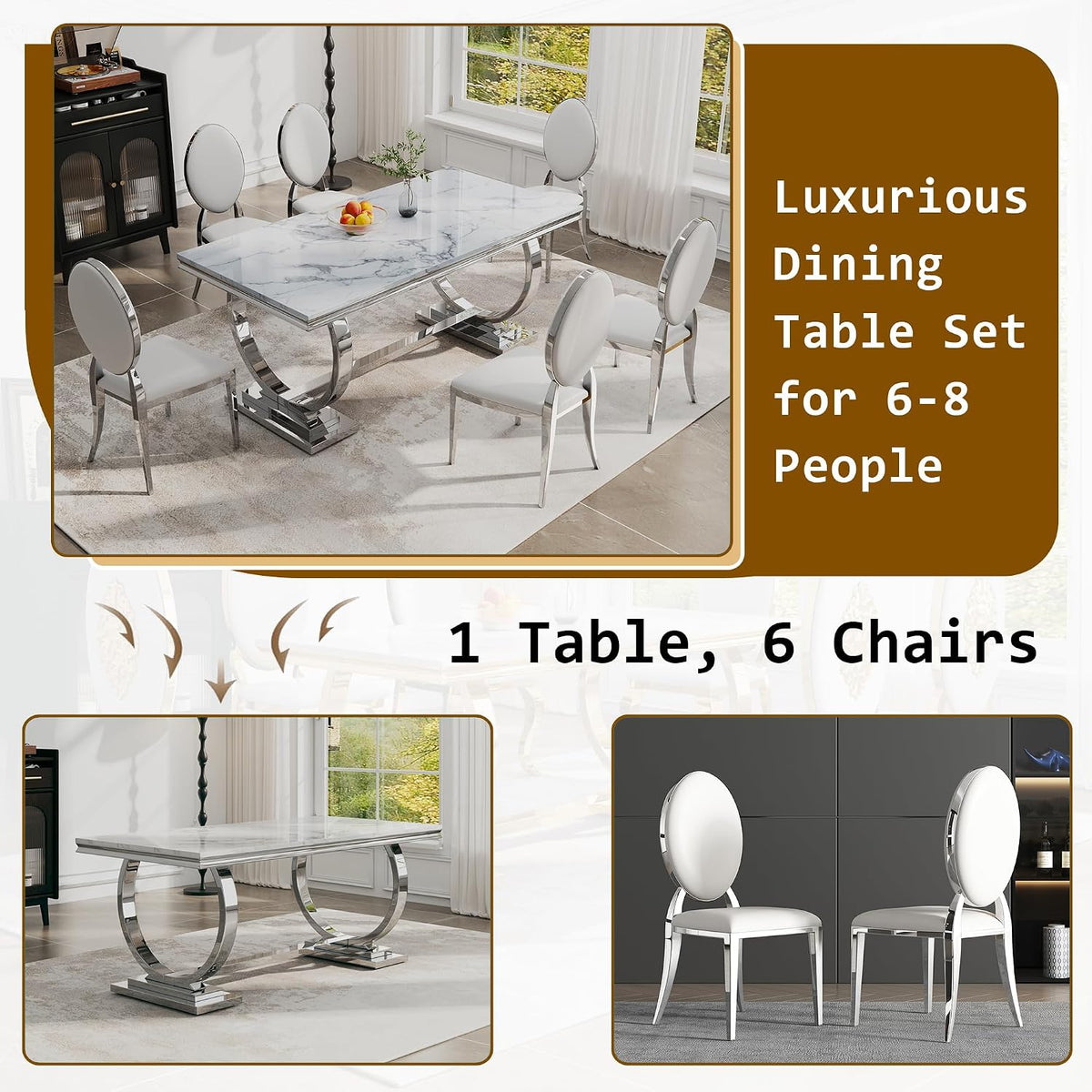 Luxury Marble Dining Table Set for 6 People, 70" Double O-Shaped Faux Marble Kitchen Table with 6 Round PU Leather Chairs, for Kitchen, Dining Room (1 White Table + 6 White Chairs)