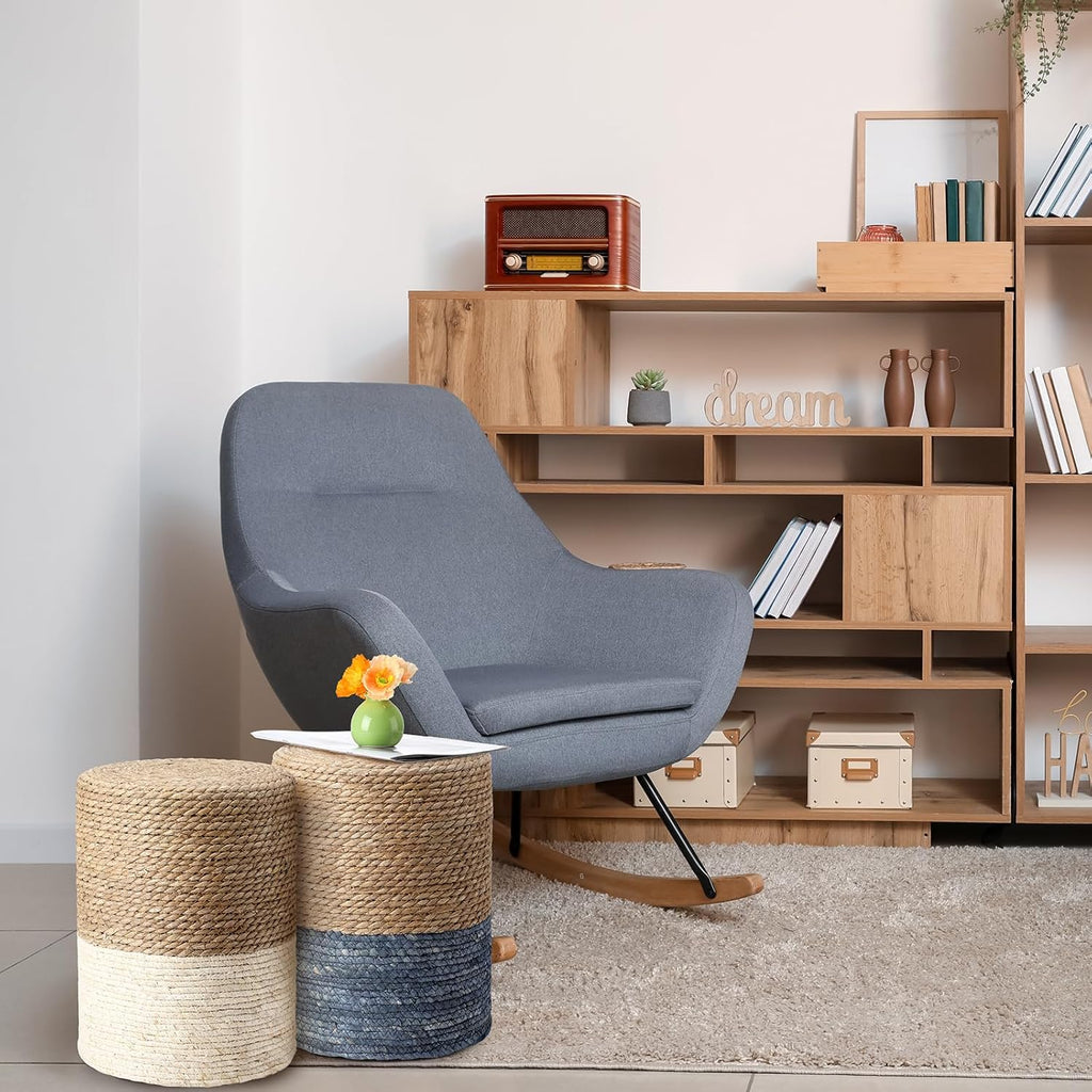 Barydat 2 Pcs 15'' Ottoman Pouf Natural Seagrass Braided Poof Hand Weaving Round Ottomans Boho Footrest Stool for Home Living Room Bedroom Patio(Natural and White)