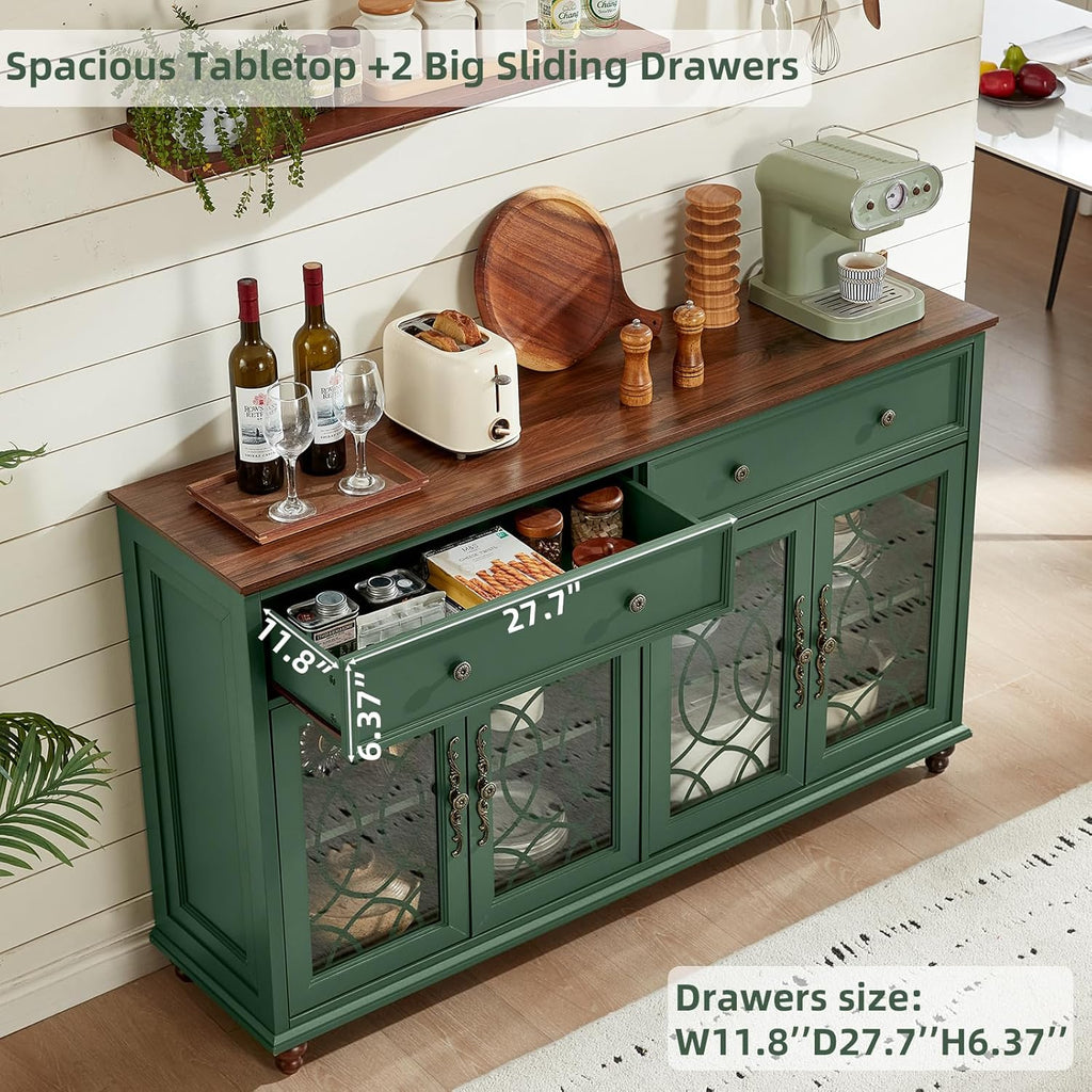 Joaxswe Farmhouse Sideboard Buffet Cabinet with Storage,Adjustable Shelves Console Table,59" Large Credenza with 4 Glass Doors & 2 Drawers,Wood Kitchen Coffee Bar for Dining Room,Living Room,Green