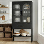 63" Tall Metal Storage Cabinet with Glass Doors, Kitchen Pantry Cabinet with Drawers & Adjustable Shelves, Freestanding Metal Cabinet for Kitchen, Dining Room and Home Organization Black