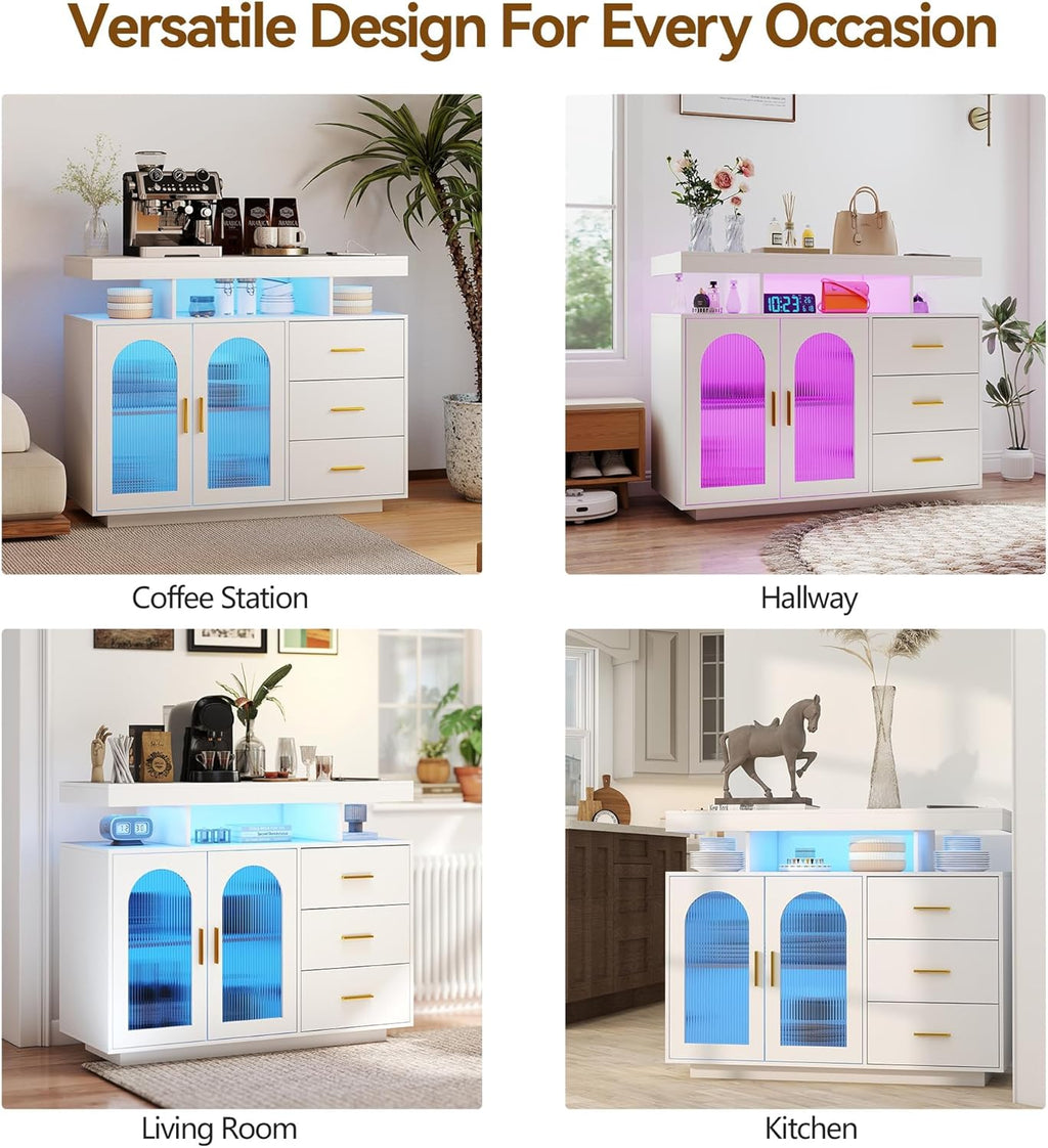 40" LED Buffet Cabinet with Charging Station, Auto Sensor Kitchen Storage Cabinet with RGB 24 Color Lights, Coffee Bar Cabinet with 3 Drawers,Sideboard Buffet Cabinets for Living Room (White)