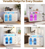 40" LED Buffet Cabinet with Charging Station, Auto Sensor Kitchen Storage Cabinet with RGB 24 Color Lights, Coffee Bar Cabinet with 3 Drawers,Sideboard Buffet Cabinets for Living Room (White)