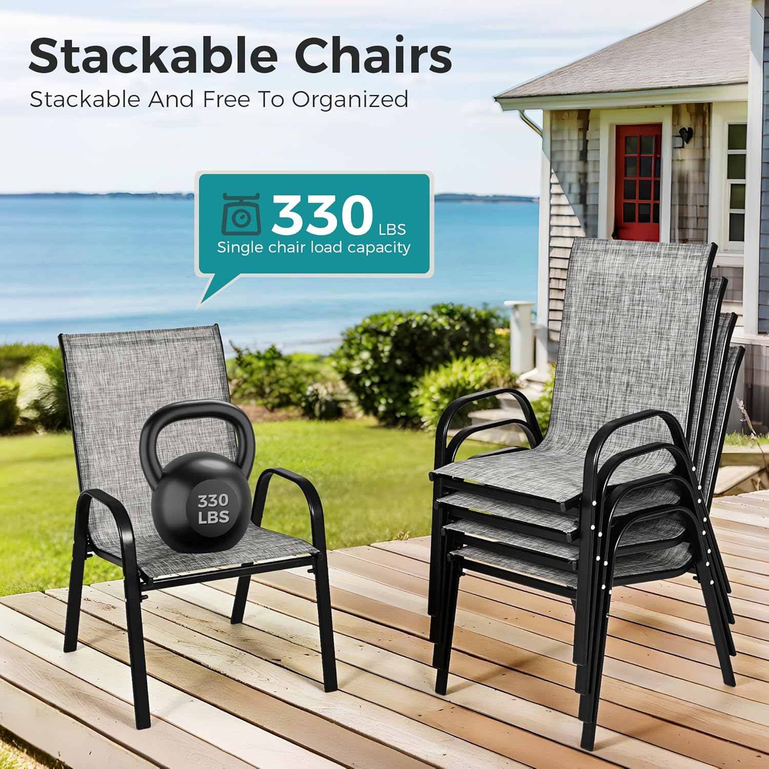 Pamapic Outdoor Dining Sets for 6, Rectangular Steel Slat Table with 6 Textilene Chairs, 7 Piece Patio Table and Chairs Set with Umbrella Hole for Patio, Backyard, Poolside (Grey, No Umbrella)