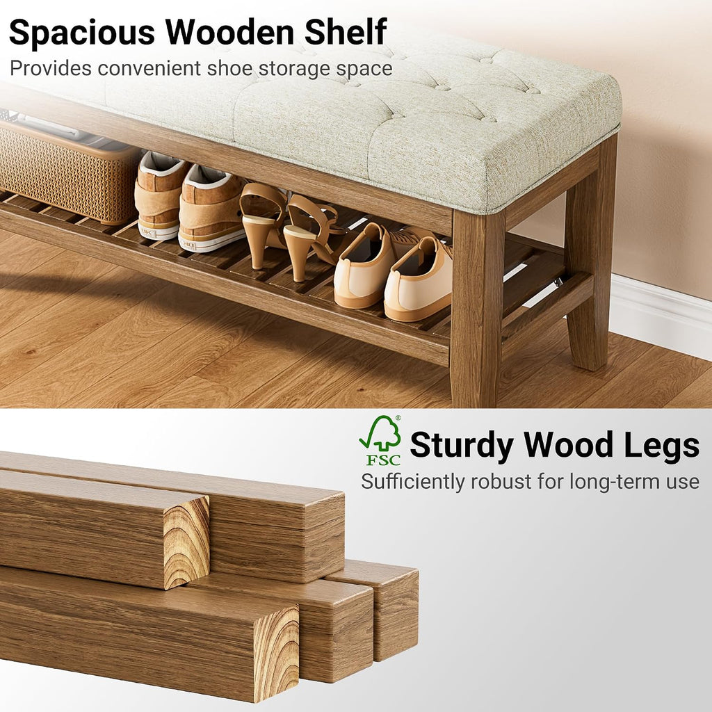 YaFiti End of Bed Storage Bench, 42.9" Entryway Shoe Bench with Solid Wood Shelf, Upholstered Ottoman with Padded Seat for Bedroom, Hallway and Living Room, Beige