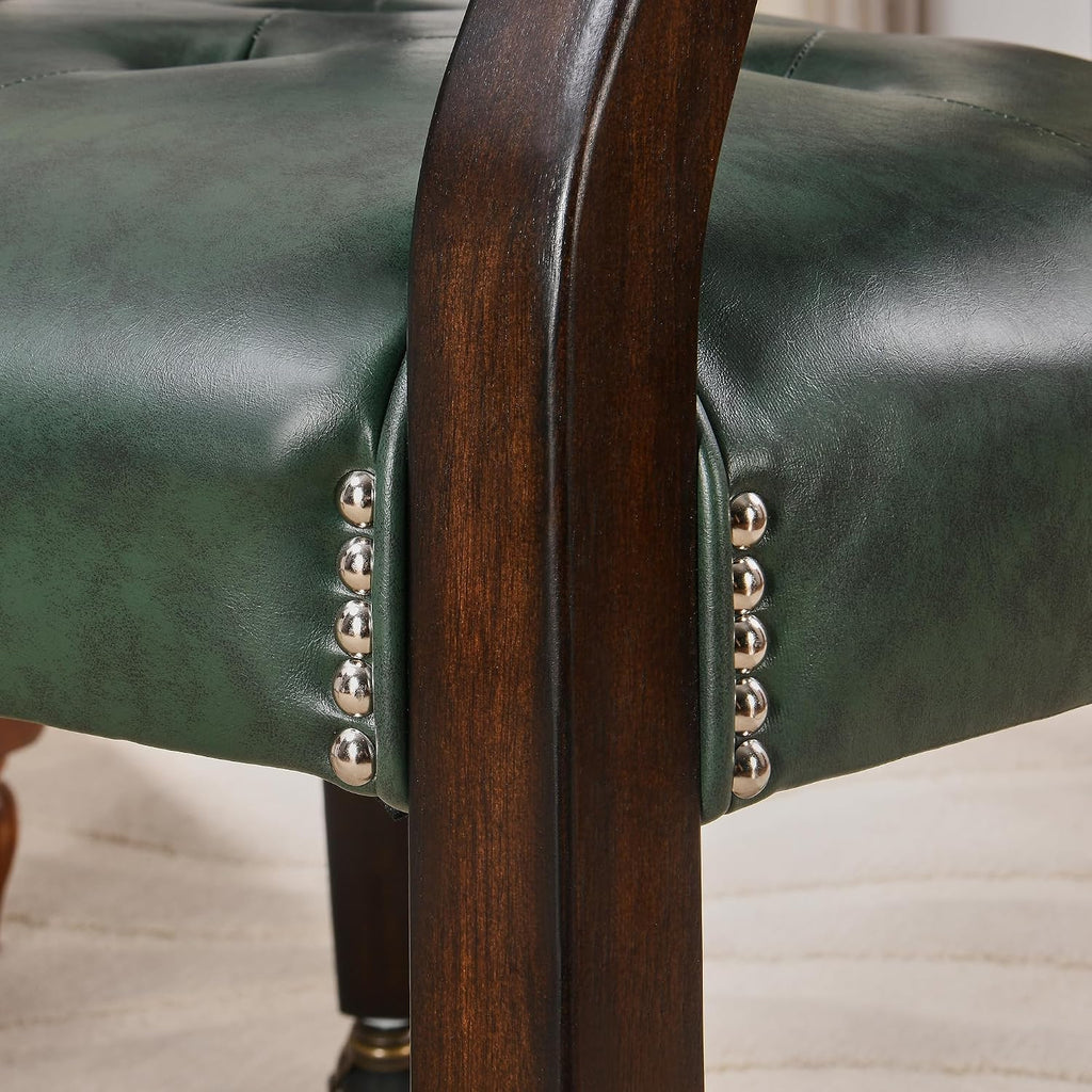 LEEMTORIG Set of 4 Large Dining Chairs with Casters and Arms, Rolling Dining Chairs with Wheels, Game Poker Chairs, Boss Caption's Chairs, 26" Dx25.2 Wx31.5 H, Espresso Legs & Green PU, XXY-1910-GN