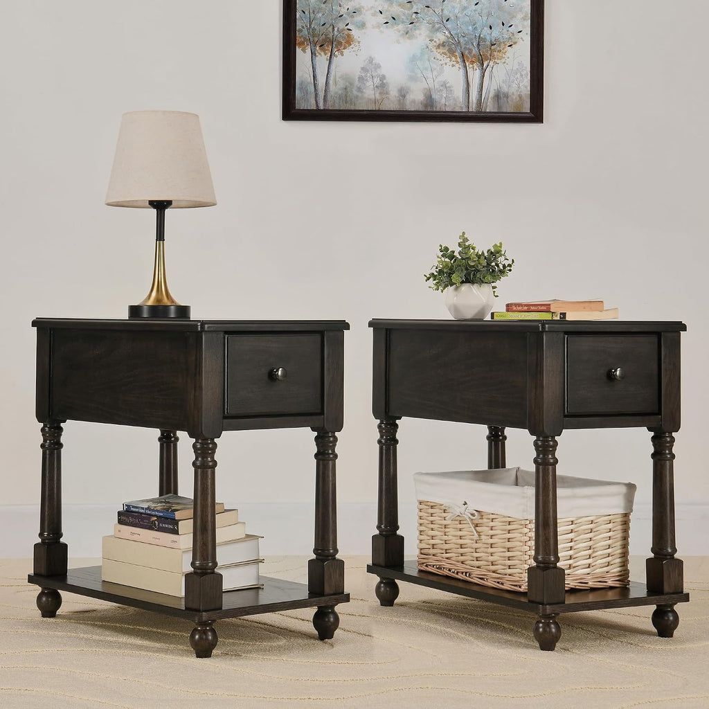 Set of 2 Narrow Open End Table with Drawer, Solid Wood Side Table 2-Tier Skinny Table with Storage Shelves Slim Nightstand Small Sofa End Table for Living Room Bedroom-Antique Black 004BK