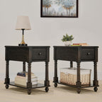 Set of 2 Narrow Open End Table with Drawer, Solid Wood Side Table 2-Tier Skinny Table with Storage Shelves Slim Nightstand Small Sofa End Table for Living Room Bedroom-Antique Black 004BK