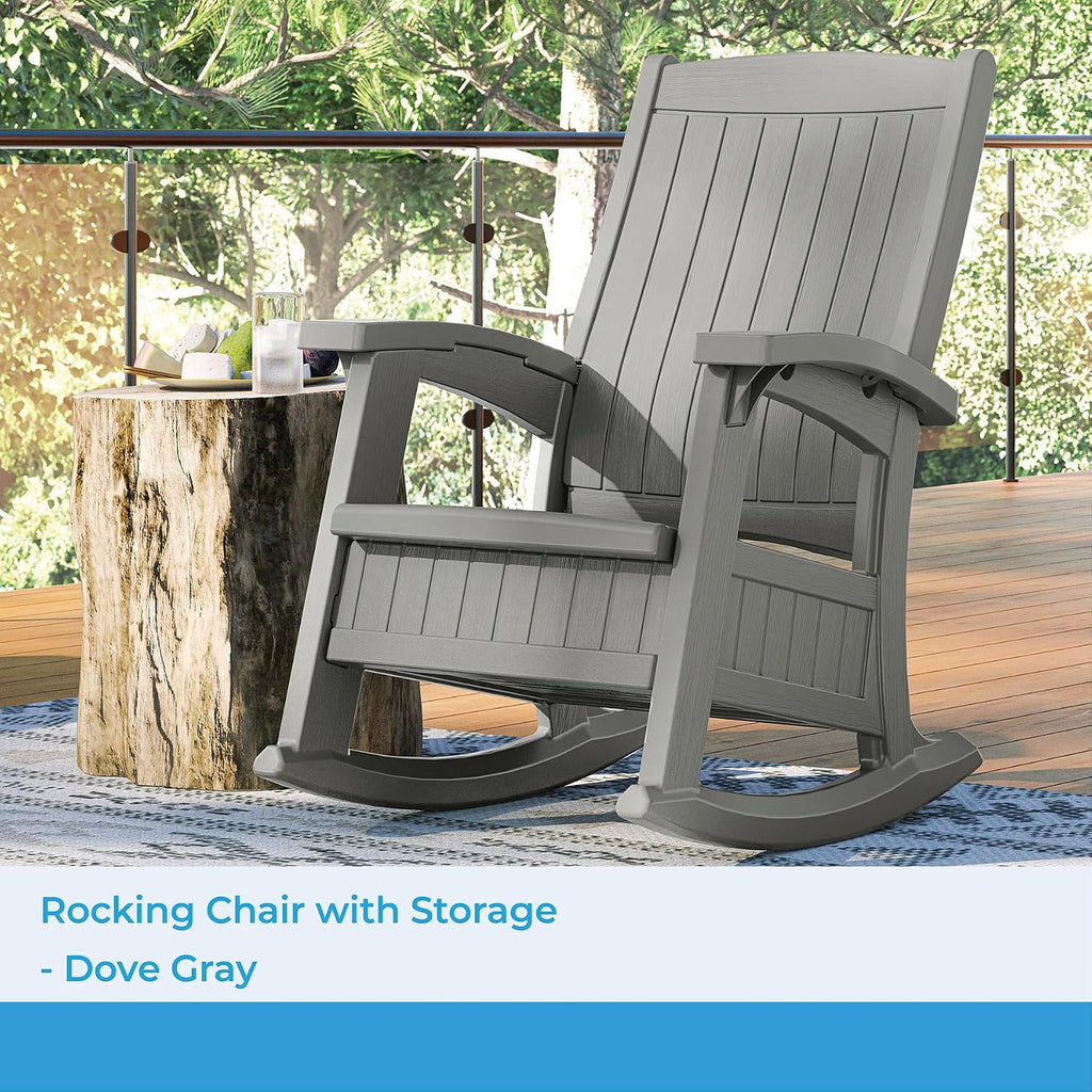 Suncast Outdoor Patio Rocking Chair with Under-Seat Storage, Stylish Faux Wood Outdoor Rocker for Patios, Dove Gray, Made in the USA