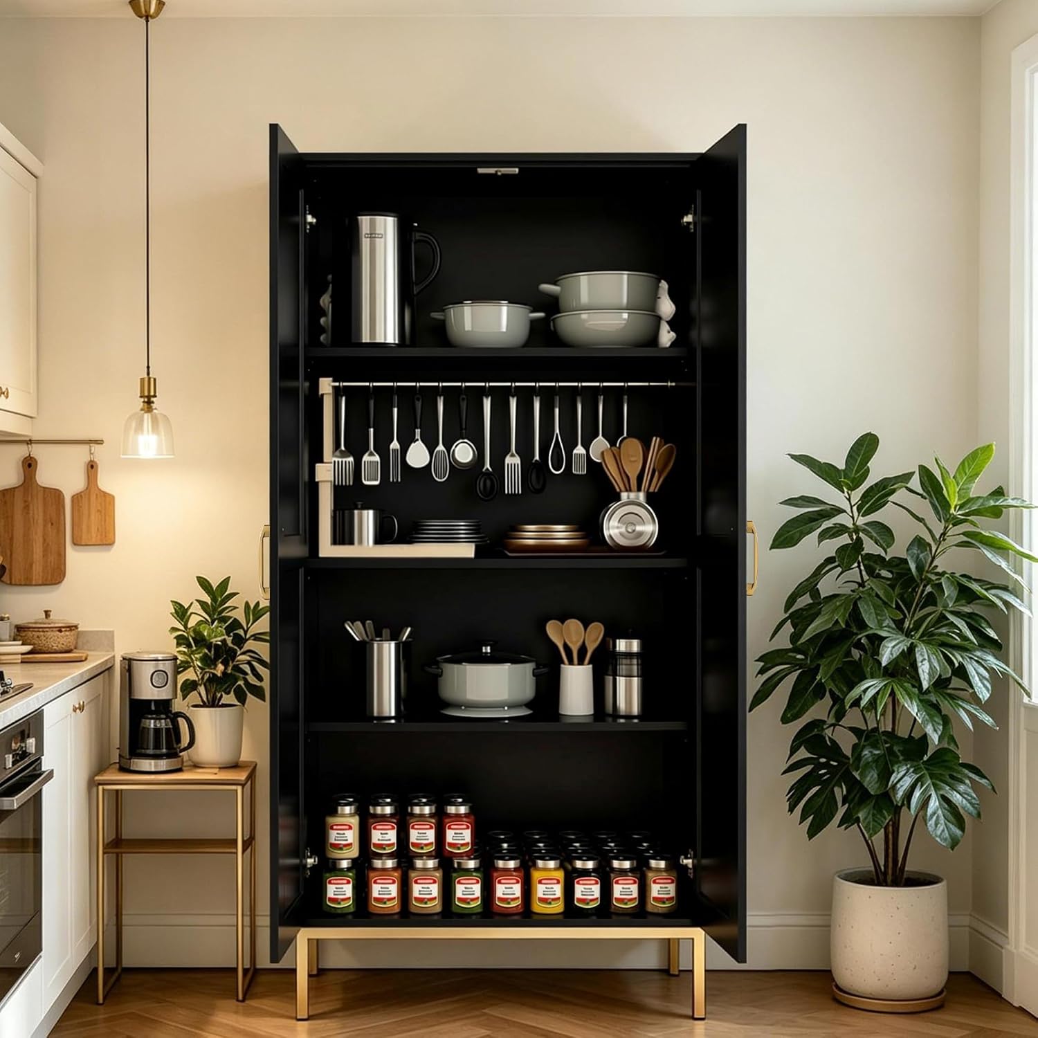 Kitchen Pantry Cabinet,Kitchen Pantry with 2 Adjustable Shelves,4 Shelf Cabinet,Freestanding Floor Cabinet,Unit for Garage Storage,Pantry,Laundry Room,Organization and Storage,Black