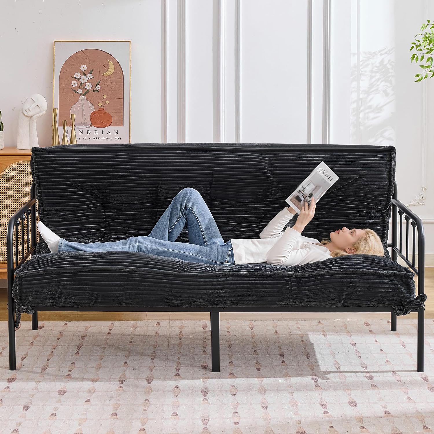 Futon Mattress Queen Size 8",Foldable Floor Mattress (Frame Not Included) | Futon Sofa Bed Thick High Density Shredded Foam,Medium Firm Japanese Style Sleeping Pad for Guest Bedroom Living,Black