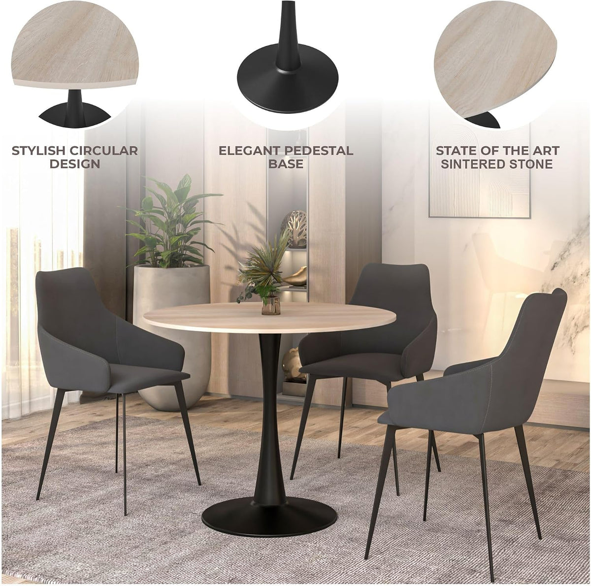 LeisureMod 35" Round Dining Table with Sintered Stone Top – Modern Black Pedestal Base Mid-Century Café Table for Kitchen & Dining Room