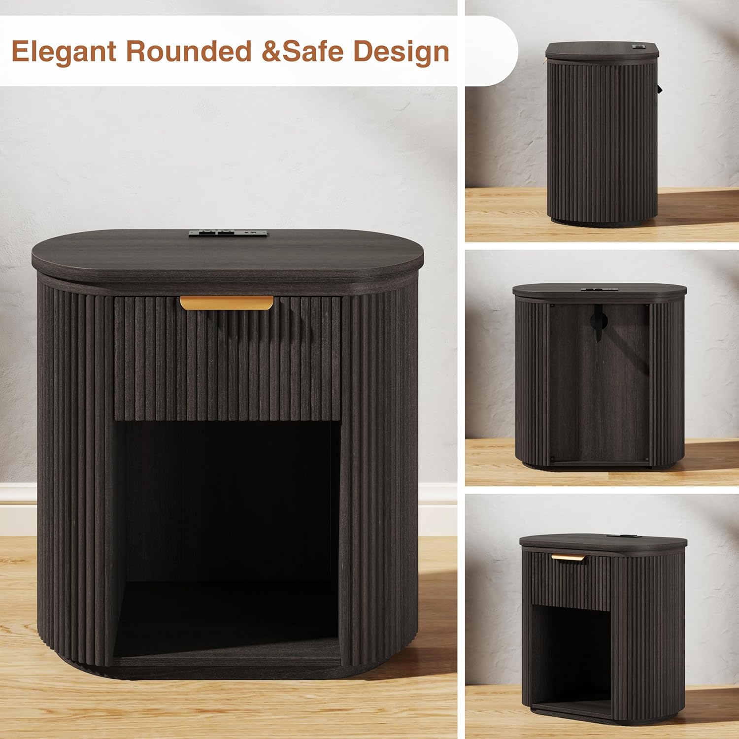 MECHYIN Fluted Nightstand with Charging Station Large 23.6" Round Bedside Table,Black