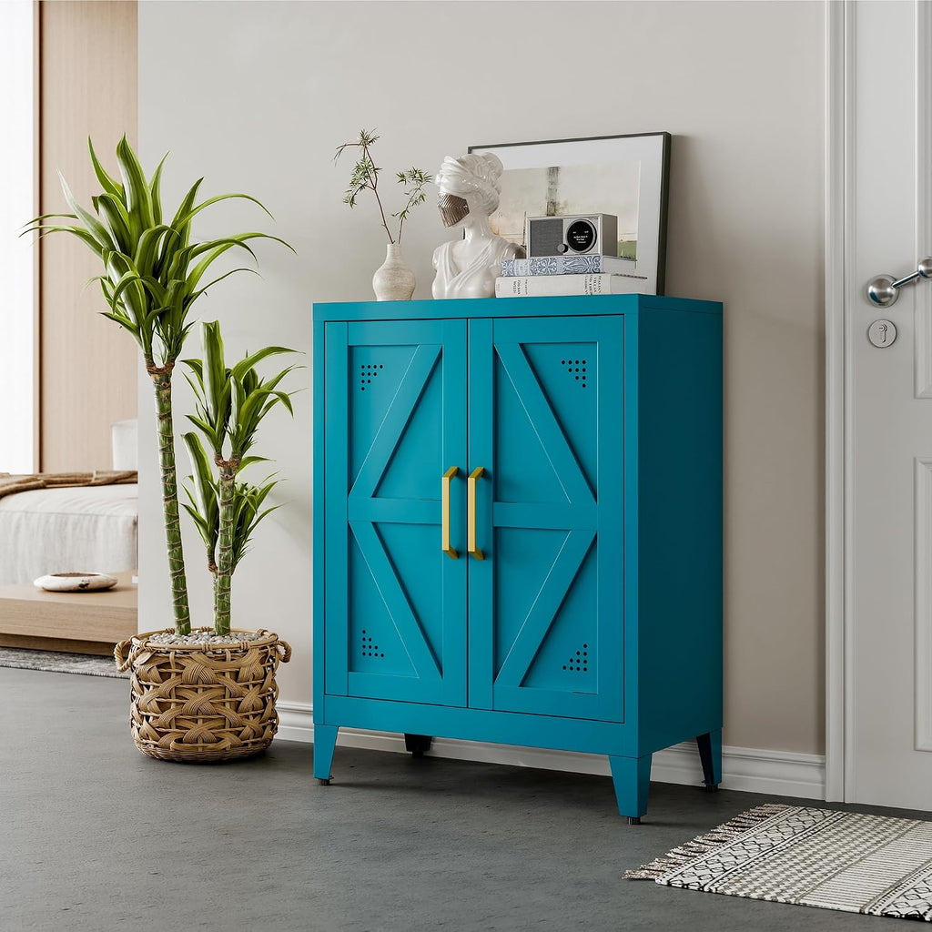32" Metal Bathroom Storage Cabinet,Floor Storage Cabinet with 2 Doors and 2 Adjustable Shelves,Freestanding Sideboard for Small Spaces, Hallway, Dining Room,Blue