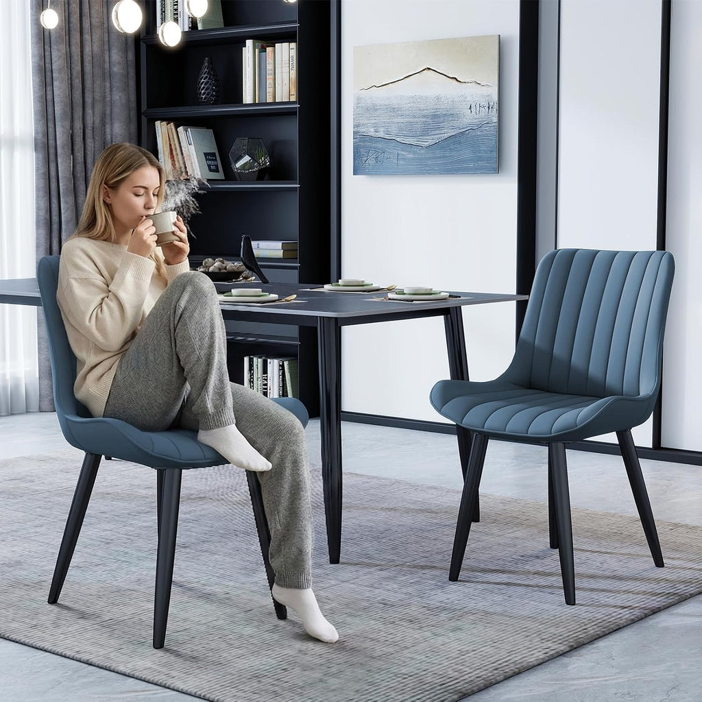 Mid-Century Modern Dining Chairs Set of 2, PU Leather Kitchen Chairs with Soft Cushion and Metal Legs, Upholstered Armless Accent Chair Side Chair for Dining Room/Guest/Reception Room/Cafe (Blue)
