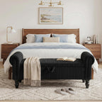 55" Storage Ottoman Bench, Corduroy End of Bed Bench for Bedroom, Black | Upholstered Entryway Bench with Seating, Solid Wood Legs, Rolled Arm, for Bedroom Living Room Window Hallway, up to 285 lbs