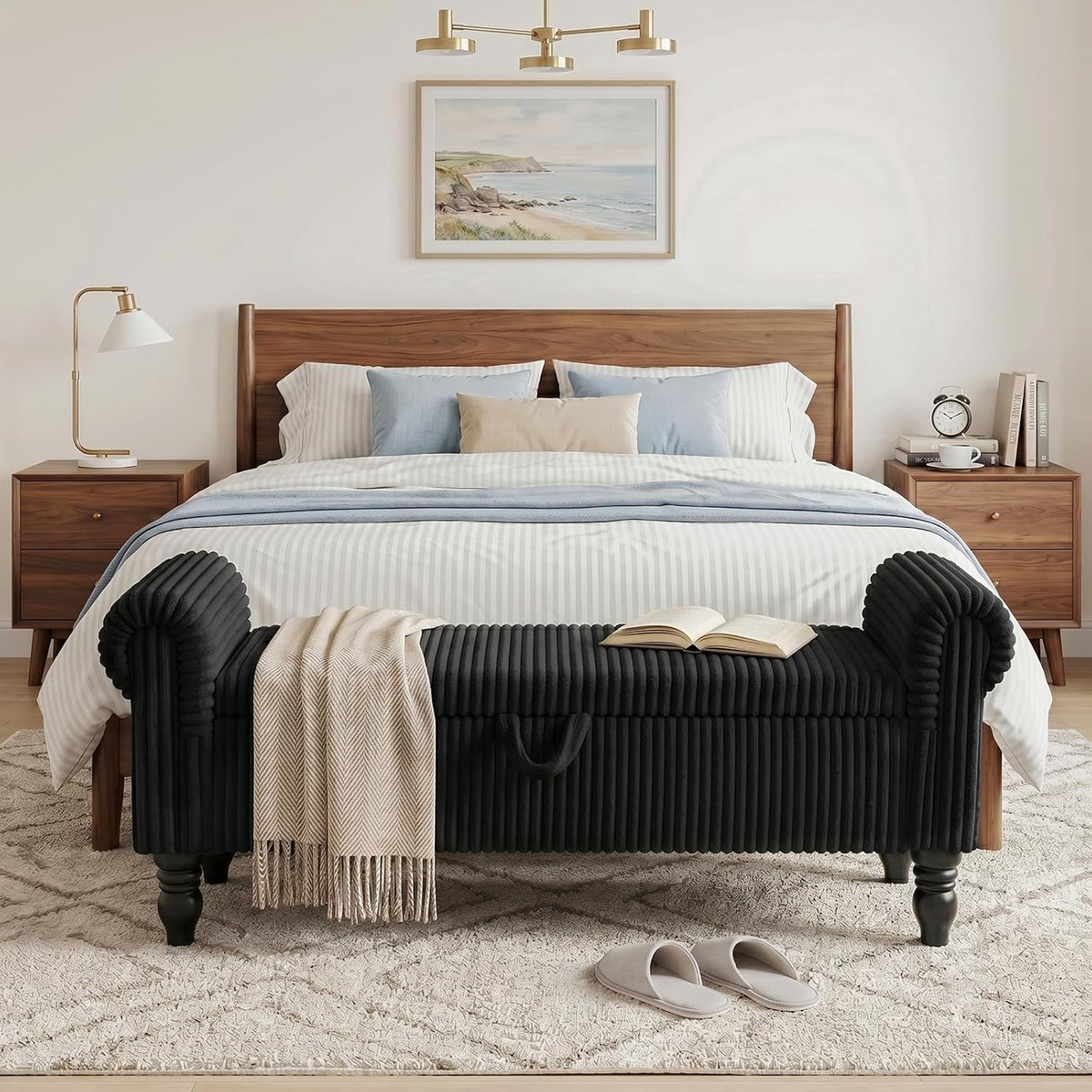55" Storage Ottoman Bench, Corduroy End of Bed Bench for Bedroom, Black | Upholstered Entryway Bench with Seating, Solid Wood Legs, Rolled Arm, for Bedroom Living Room Window Hallway, up to 285 lbs