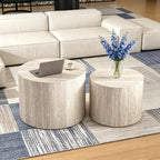 Modern Nesting Coffee Table Set of 2 Round Travertine Finish Nesting Tables Sofa Side Table Small End Table for Living Room, Small Space, No Assembly Required (Grey Travertine)