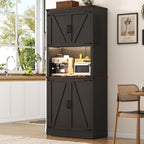 72" Tall Farmhouse Kitchen Pantry Cabinet with LED Light and Power Outlet,Modern Farmhouse Kitchen Storage Cabinet w Load-Bearing Steel Pipe,Barn Doors, Organizer,Food Pantry Cabinets(Black)